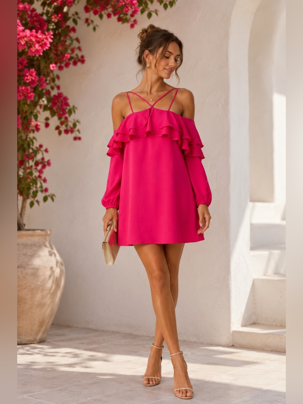 Fourteenth Place Hot Pink Ruffle Cold Shoulder Mini Dress Size L